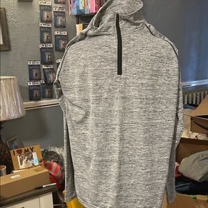 3 Small Gray, Red Quarter-Zip Sweater & Red Long Sleeve.